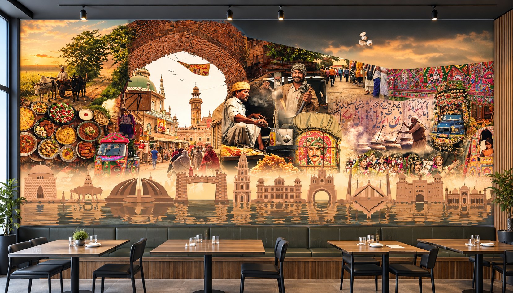 Large-format restaurant wall mural featuring cultural landmarks and street scenes